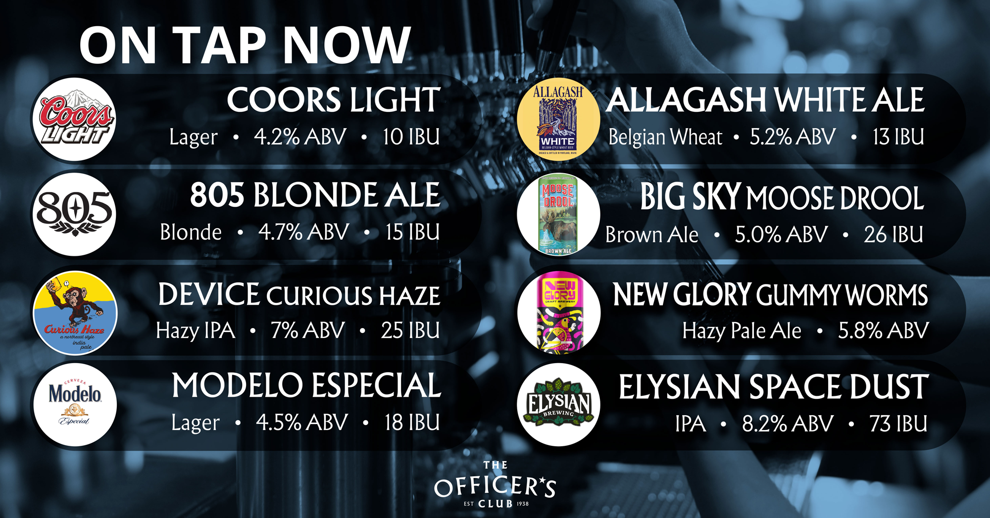 Happy Hour Tap List at the Officer's Club in McClellan Park