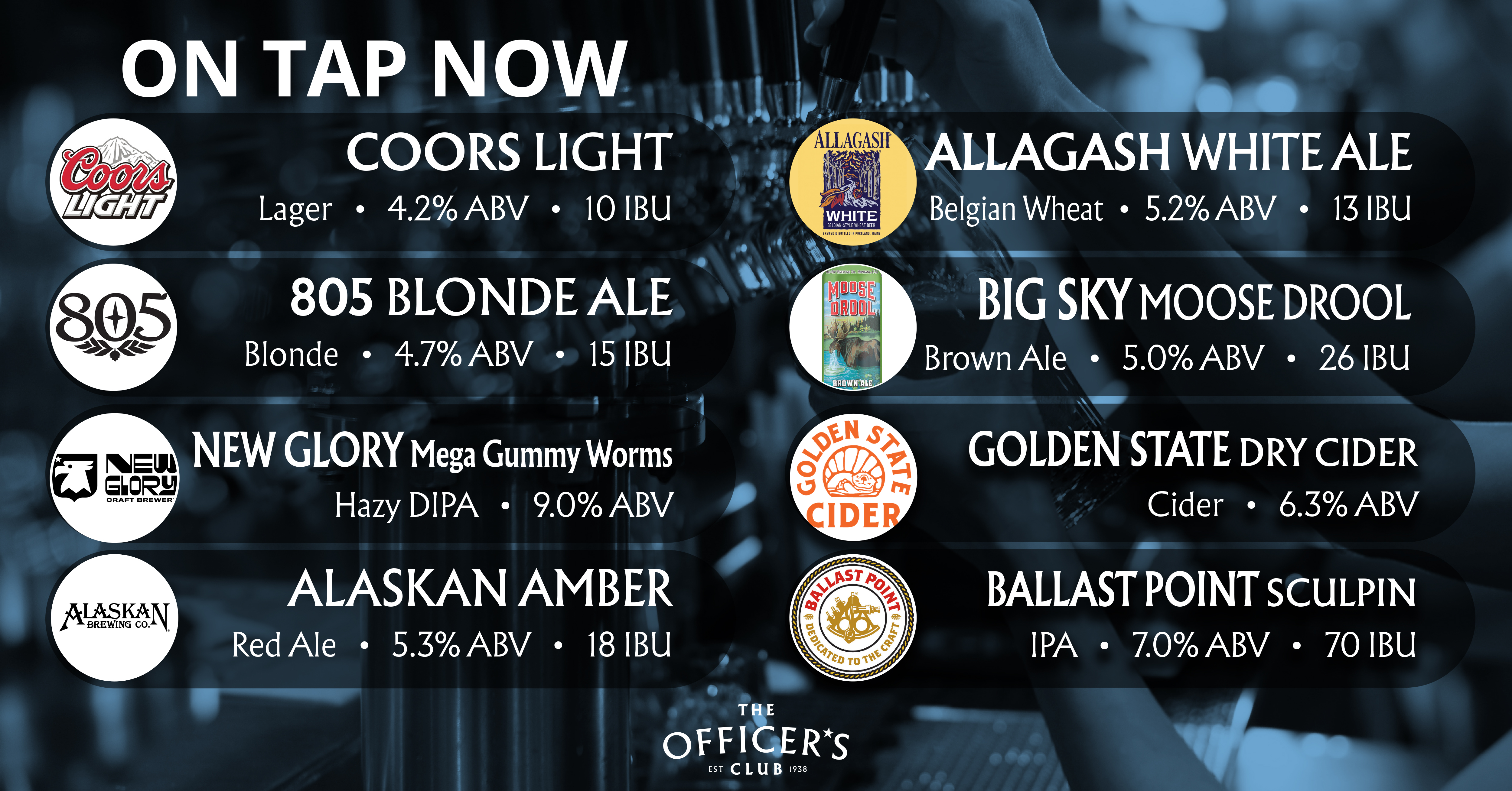 Happy Hour Tap List at the Officer's Club in McClellan Park